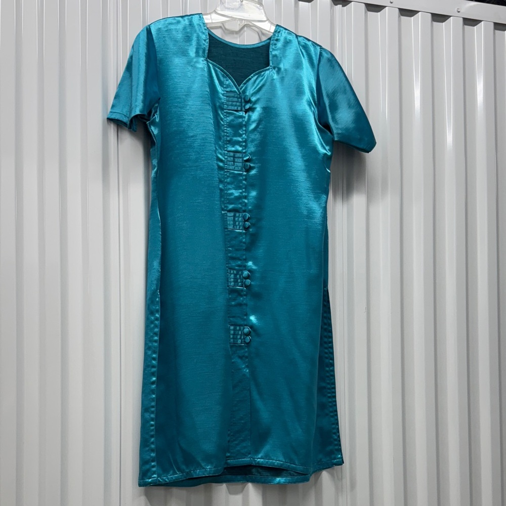 Chinese style Satin like Teal Midi Dress